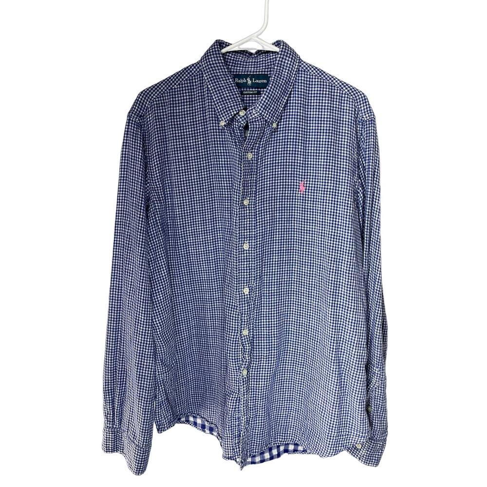 Men's XL Button Down Shirt Ralph Lauren Custom Fit L/S Cotton Blue Gingham 2-Ply